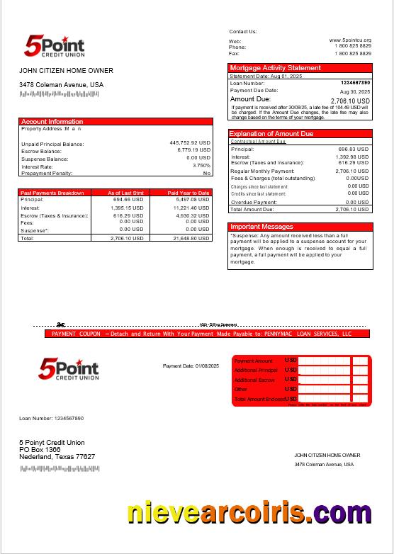 USA Texas 5Point Credit Union  bank mortgage statement